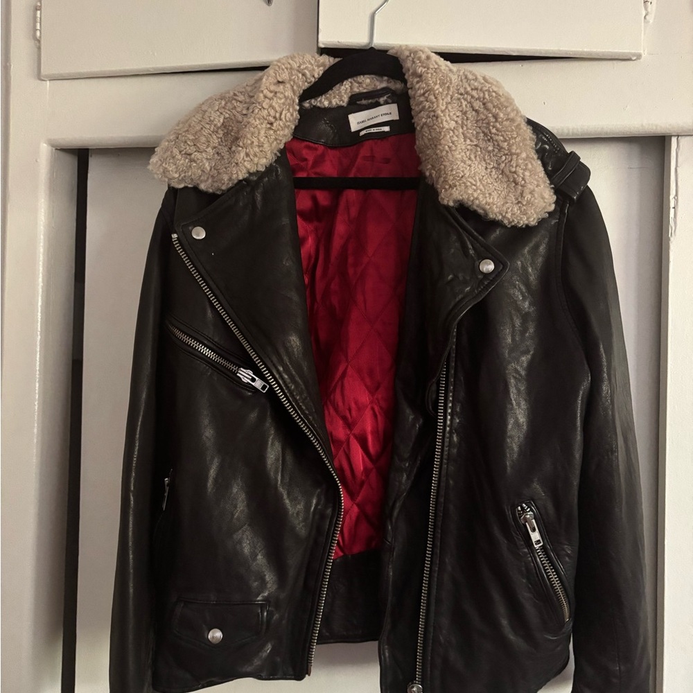 Isabel Marant Etoile Benny Black Leather Jacket with Shearling Collar